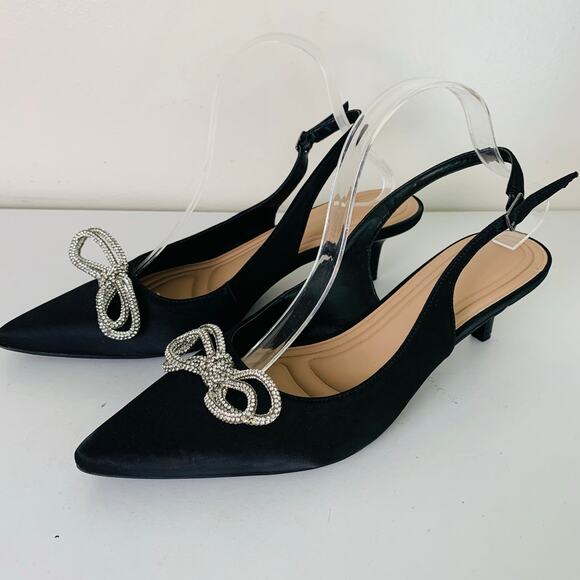 BCBGeneration Size 9.5 Donna Rhinestone Bow Satin Slingback Kitten Heel - Picture 2 of 12